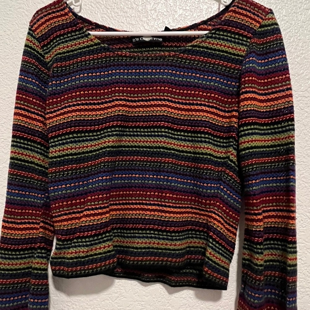 Vintage 90s Striped Knit Top It's Our Time L Bell Sleeve Retro Boho Made USA Y2K